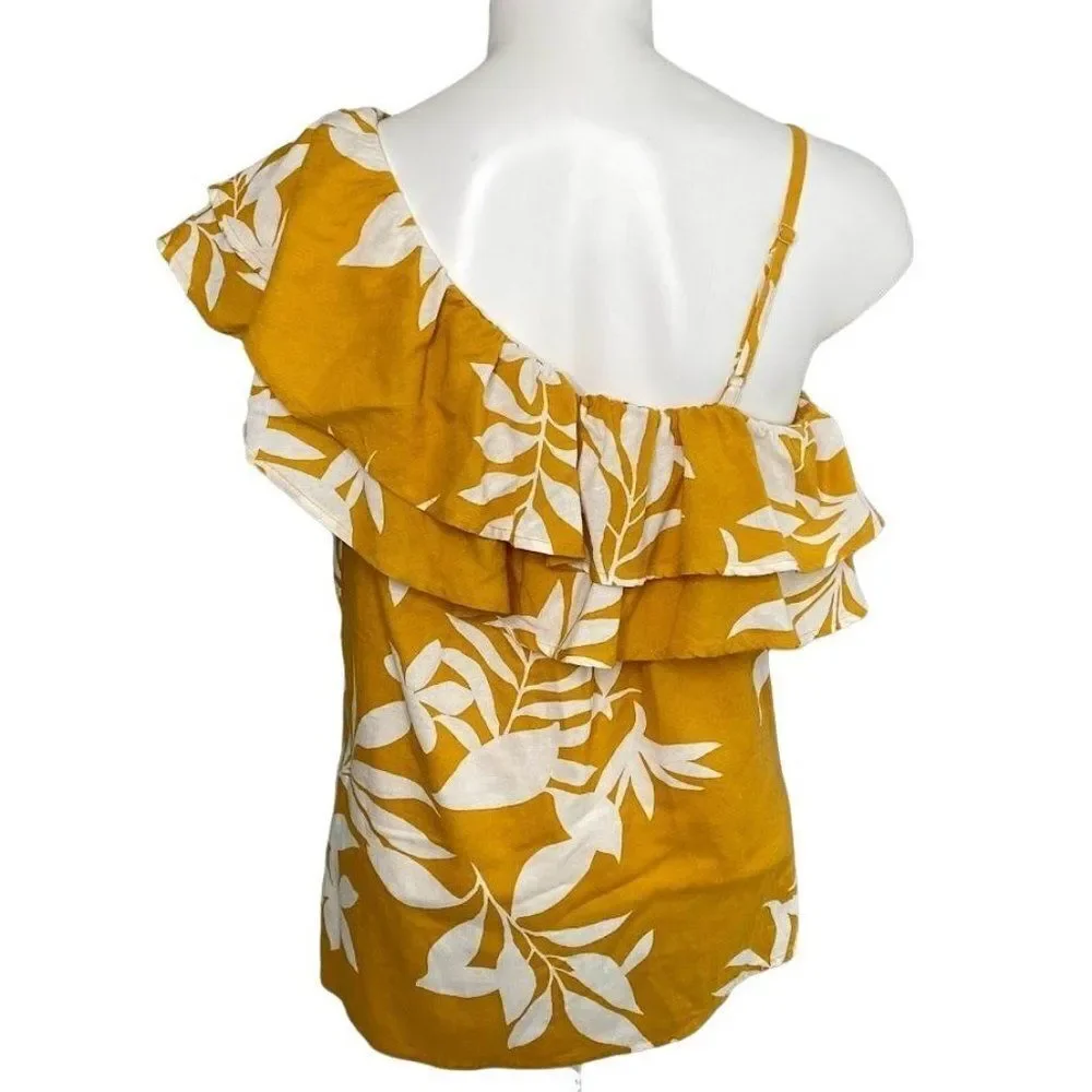 Womens Old Navy Mustard Yellow Asymmetrical‎ Sleeve Ruffle Linen Blend Top sz S